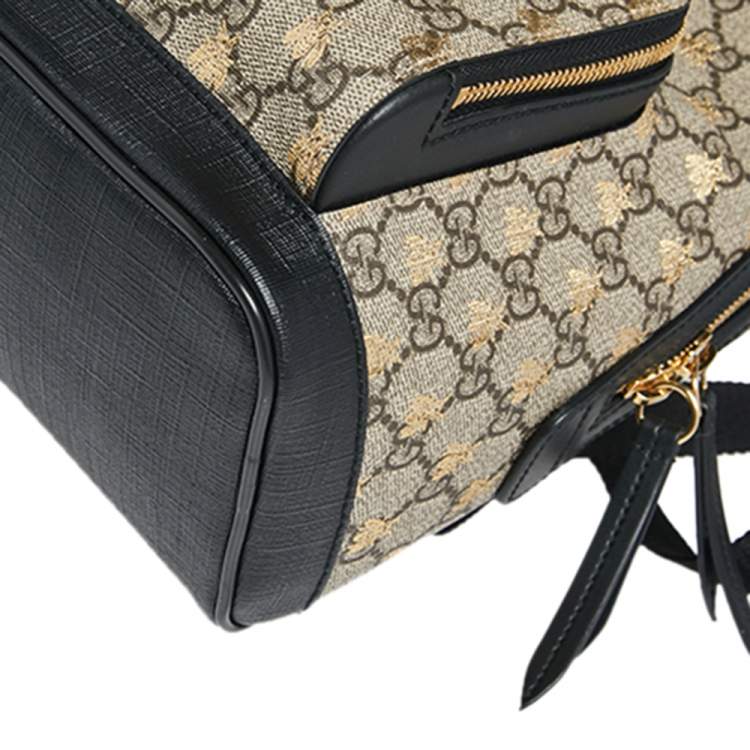 Pre Owned Gucci Black/Beige GG Supreme Coated Canvas And Leather Bees Backpack