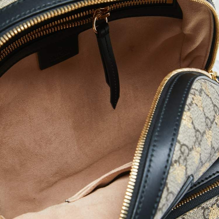 Pre Owned Gucci Black/Beige GG Supreme Coated Canvas And Leather Bees Backpack