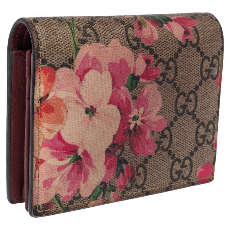 Pre Owned Gucci Pink/Beige GG Supreme Blooms Card Case