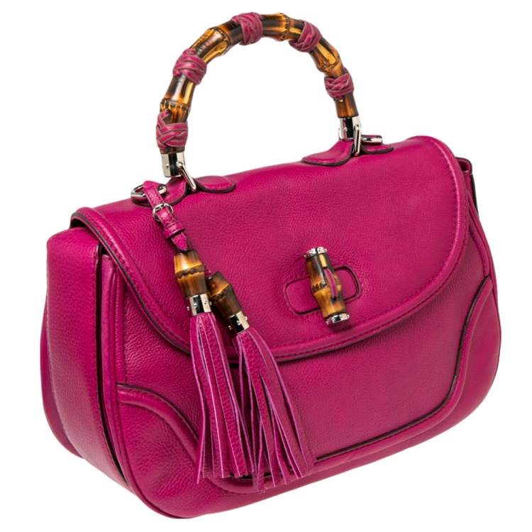 Pre Owned Gucci Pink Leather Large New Bamboo Tassel Top Handle Bag