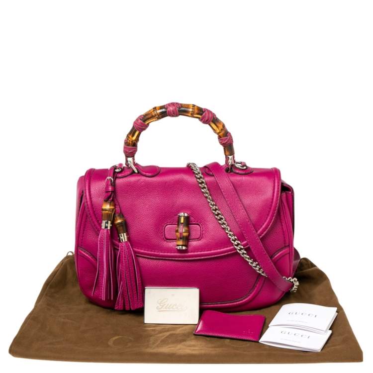 Pre Owned Gucci Pink Leather Large New Bamboo Tassel Top Handle Bag