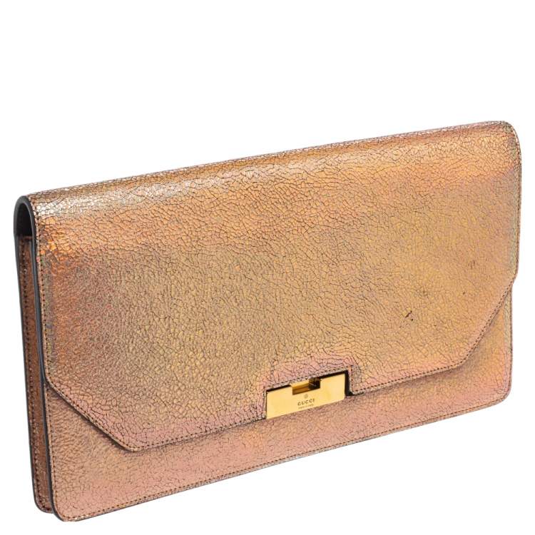 Pre Owned Gucci Iridescent Pink Crackled Leather 58 Clutch 