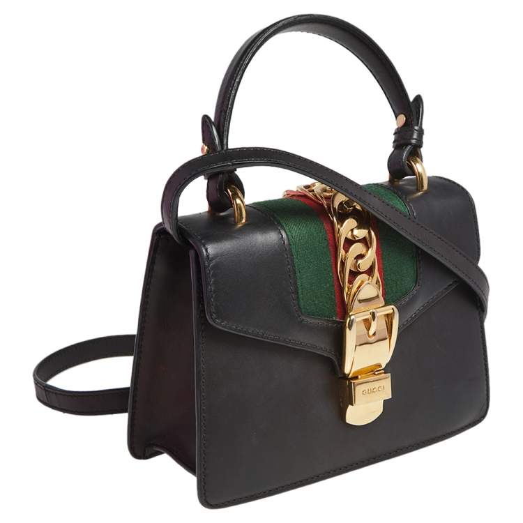 Pre Owned Gucci Black Leather Mini Sylvie Top Handle Bag