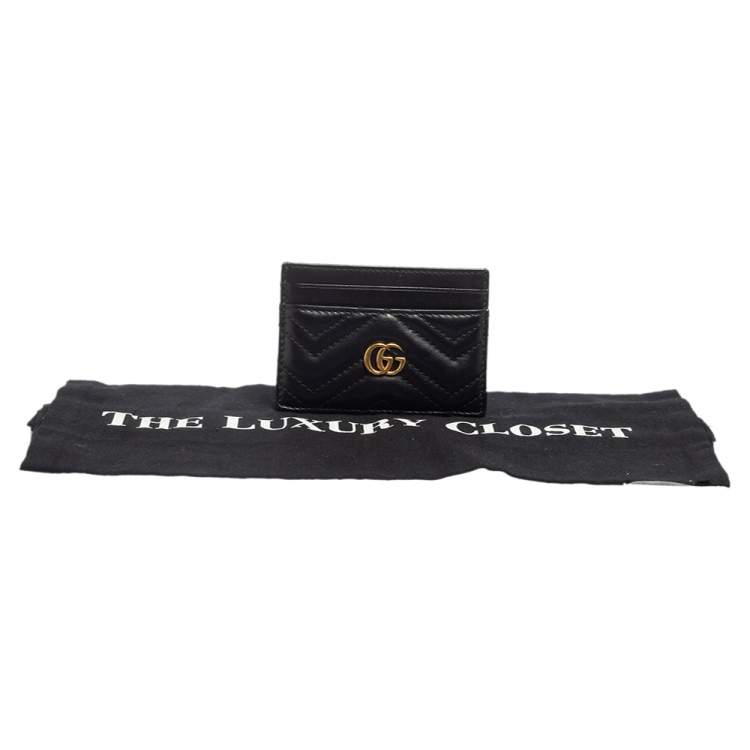 Pre Owned Gucci Black Matelassé Leather GG Marmont Card Holder