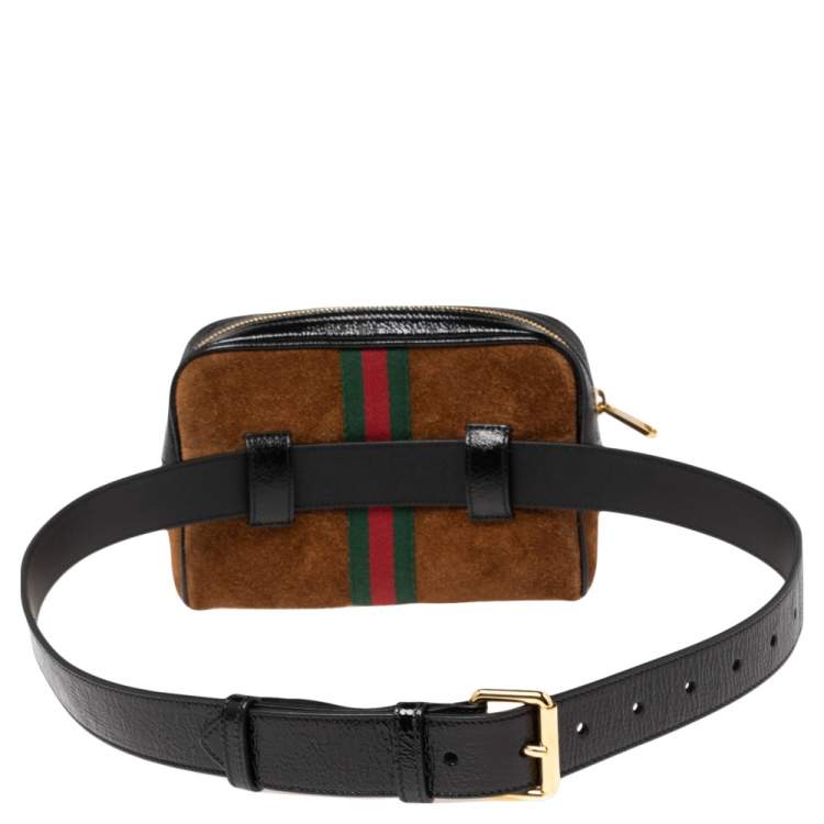Pre Owned Gucci Brown Suede and Patent Leather GG Ophidia Belt Bag