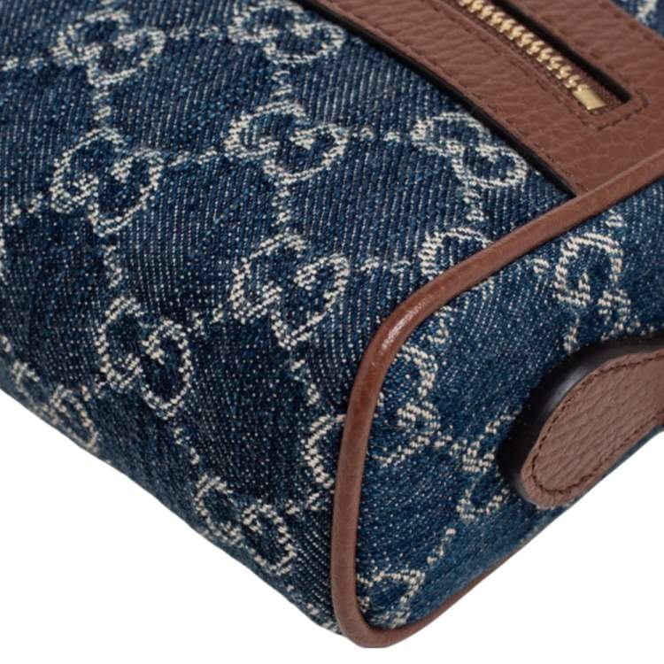Pre Owned Gucci Blue/Tan GG Denim and Leather Mini Ophidia Crossbody Bag   