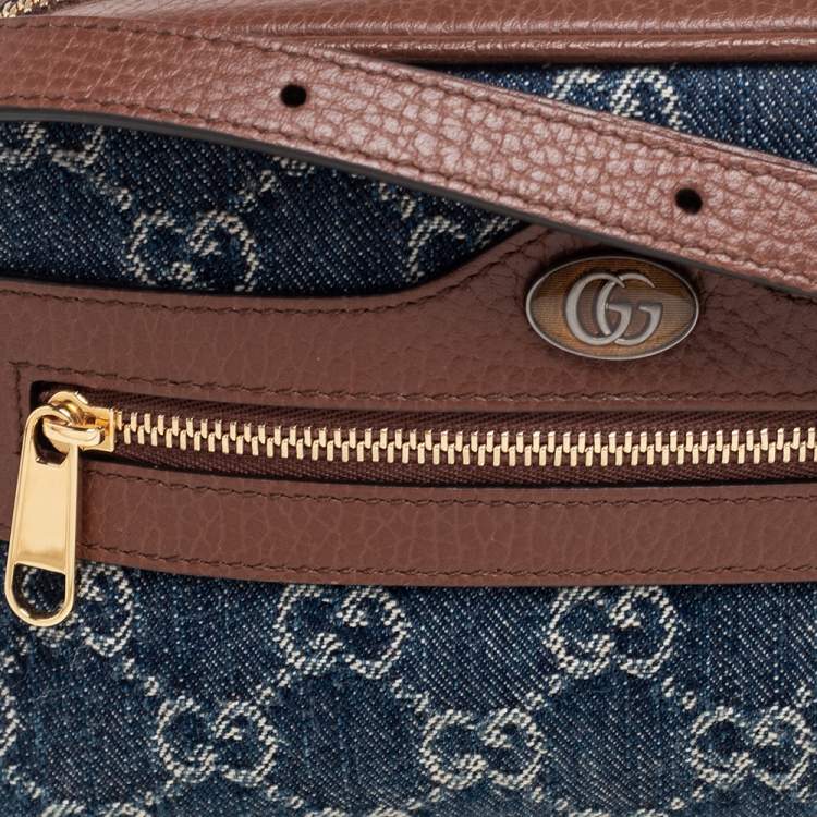 Pre Owned Gucci Blue/Tan GG Denim and Leather Mini Ophidia Crossbody Bag   