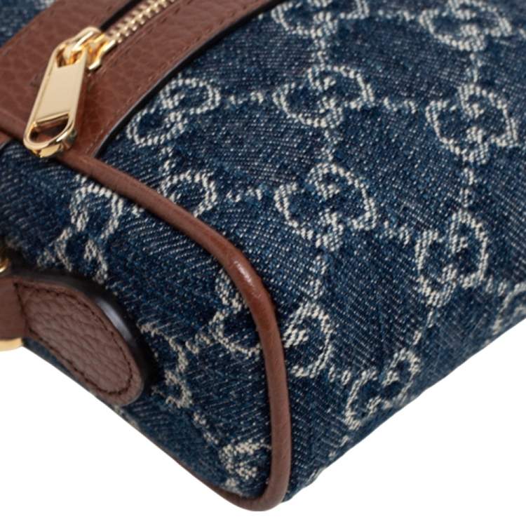 Pre Owned Gucci Blue/Tan GG Denim and Leather Mini Ophidia Crossbody Bag   