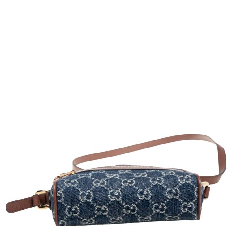 Pre Owned Gucci Blue/Tan GG Denim and Leather Mini Ophidia Crossbody Bag   