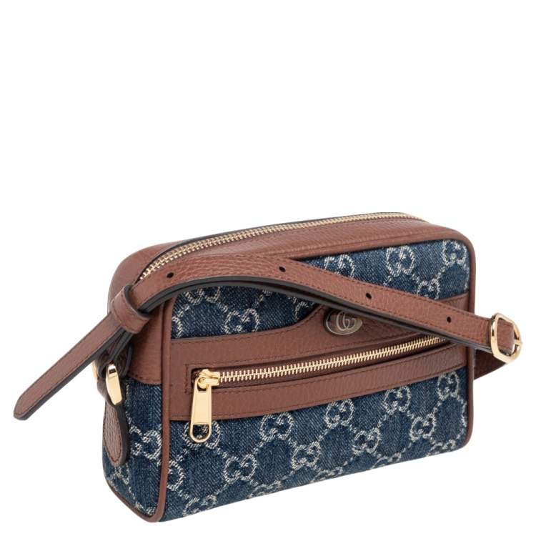 Pre Owned Gucci Blue/Tan GG Denim and Leather Mini Ophidia Crossbody Bag   