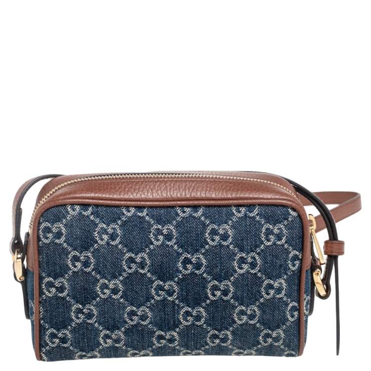 Pre Owned Gucci Blue/Tan GG Denim and Leather Mini Ophidia Crossbody Bag   