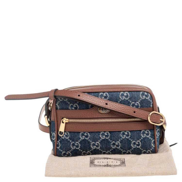 Pre Owned Gucci Blue/Tan GG Denim and Leather Mini Ophidia Crossbody Bag   