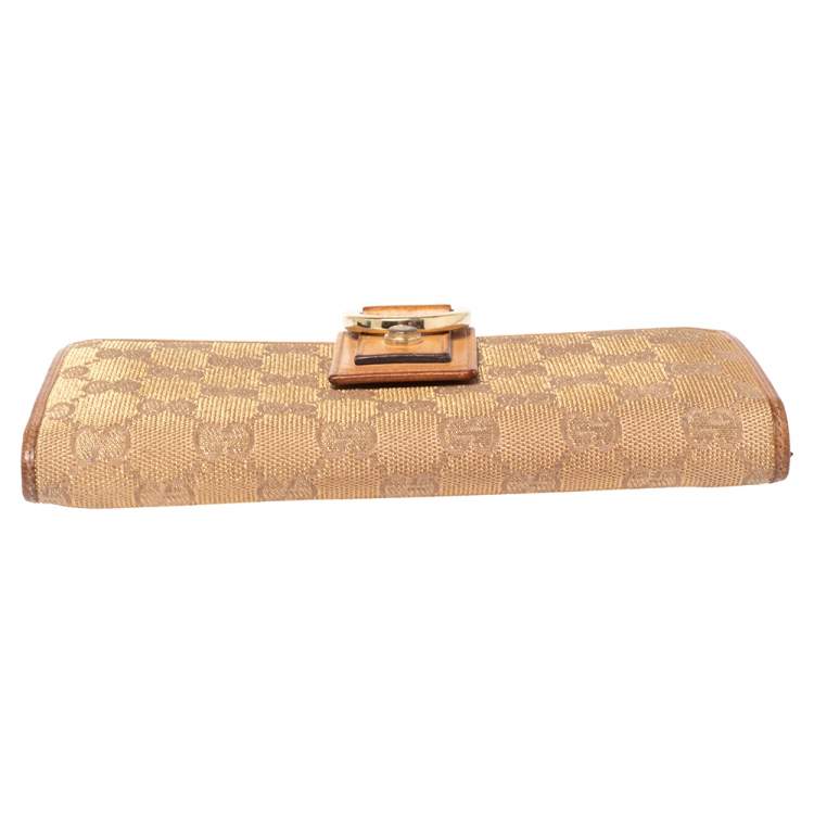 Pre Owned Gucci Metallic Beige GG Canvas and Leather D Ring Continental Wallet