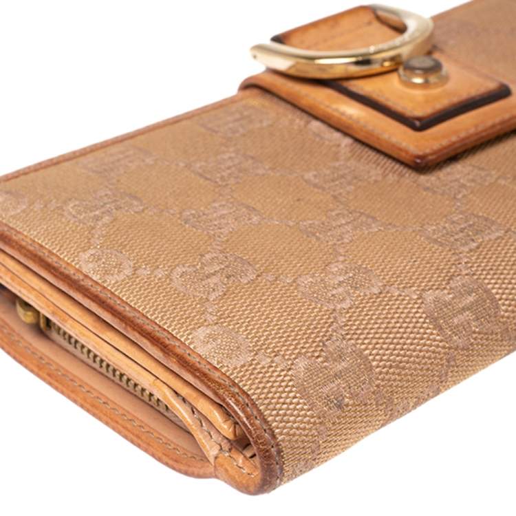Pre Owned Gucci Metallic Beige GG Canvas and Leather D Ring Continental Wallet