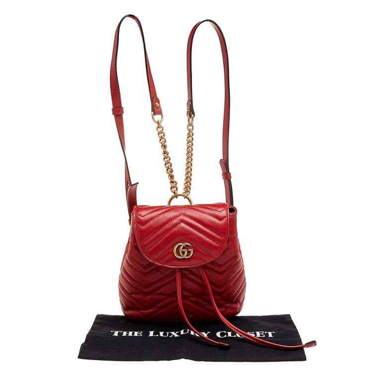 Pre Owned Gucci Red Quilted Leather GG Marmont Backpack