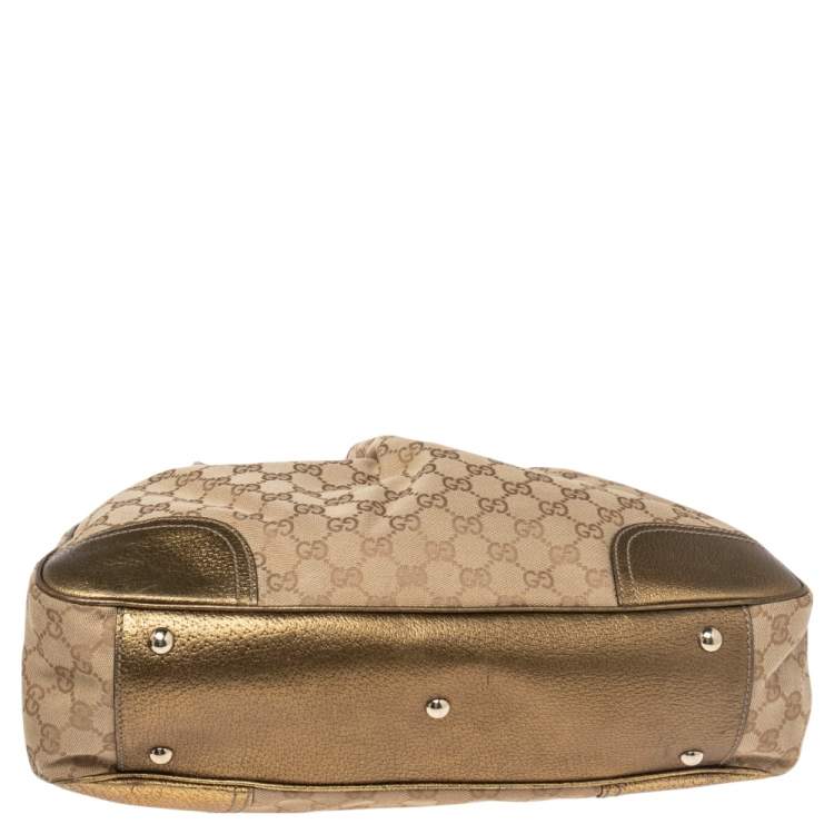 Pre Owned Gucci Gold/Beige GG Canvas and Leather Princy Tote 
