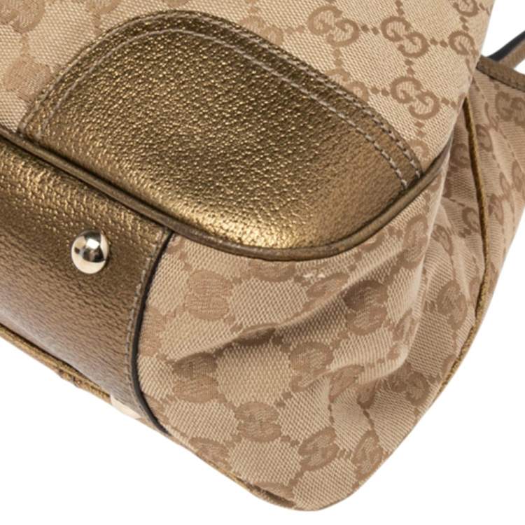 Pre Owned Gucci Gold/Beige GG Canvas and Leather Princy Tote 
