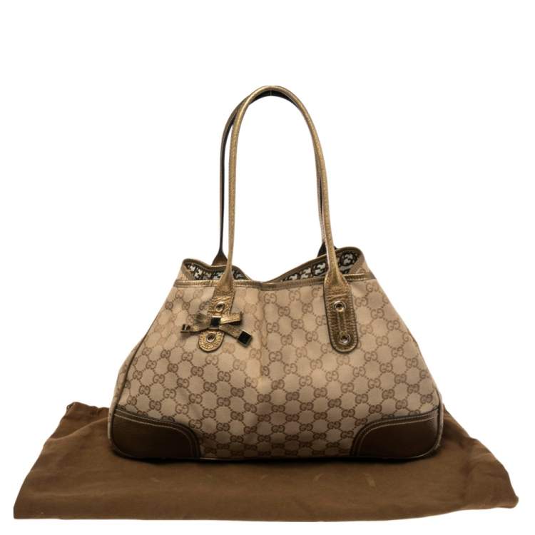 Pre Owned Gucci Gold/Beige GG Canvas and Leather Princy Tote 
