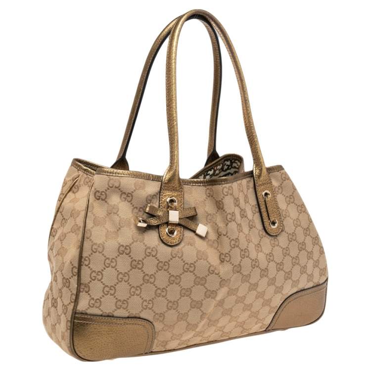 Pre Owned Gucci Gold/Beige GG Canvas and Leather Princy Tote 