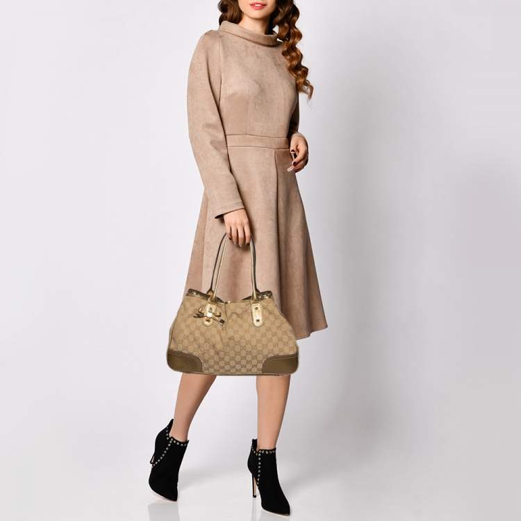 Pre Owned Gucci Gold/Beige GG Canvas and Leather Princy Tote 