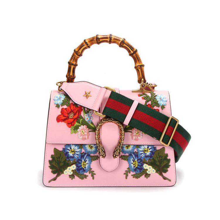 Pre Owned Gucci Pink Calf Leather Medium Bamboo Dionysus Embroidered Top Handle Bag
