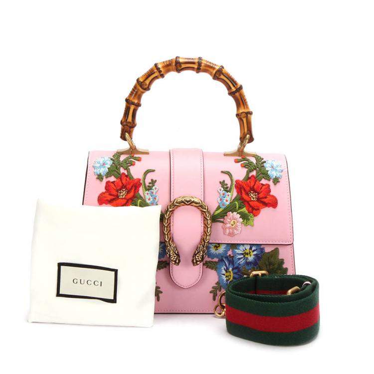 Pre Owned Gucci Pink Calf Leather Medium Bamboo Dionysus Embroidered Top Handle Bag
