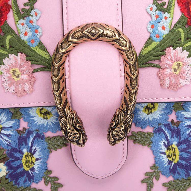 Pre Owned Gucci Pink Calf Leather Medium Bamboo Dionysus Embroidered Top Handle Bag