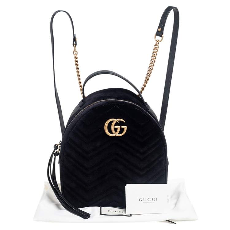Pre Owned Gucci Black Matelasse Velvet GG Marmont Backpack