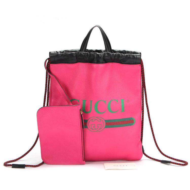 Pre Owned Gucci Pink Logo Drawstring Leather Backpack 