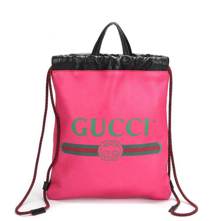Pre Owned Gucci Pink Logo Drawstring Leather Backpack 