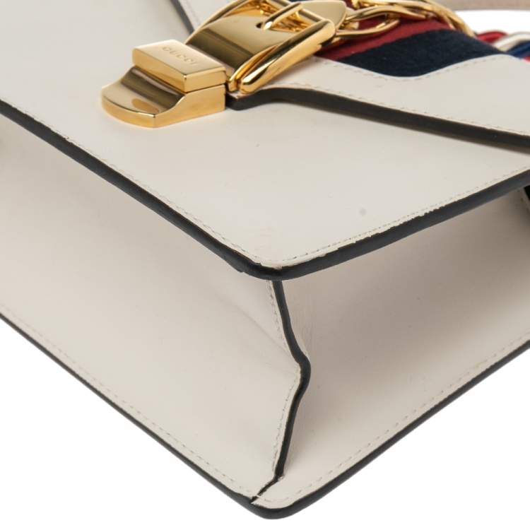 Pre Owned Gucci Off-White Leather Mini Web Sylvie Top Handle Bag