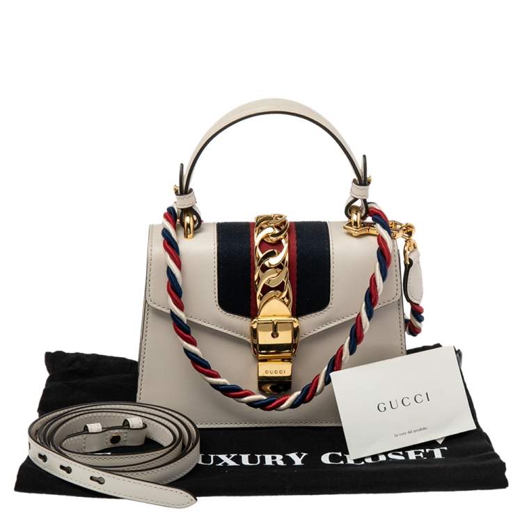 Pre Owned Gucci Off-White Leather Mini Web Sylvie Top Handle Bag