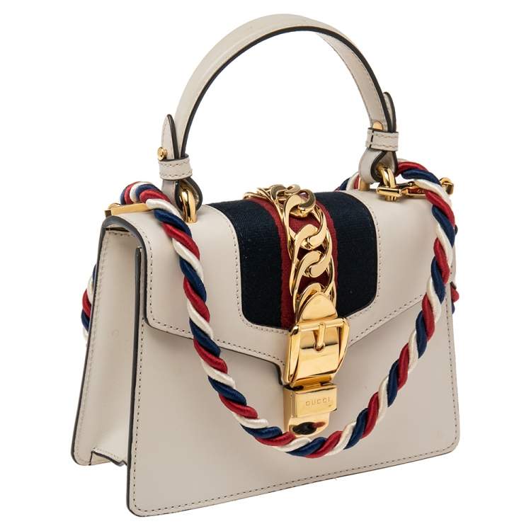 Pre Owned Gucci Off-White Leather Mini Web Sylvie Top Handle Bag