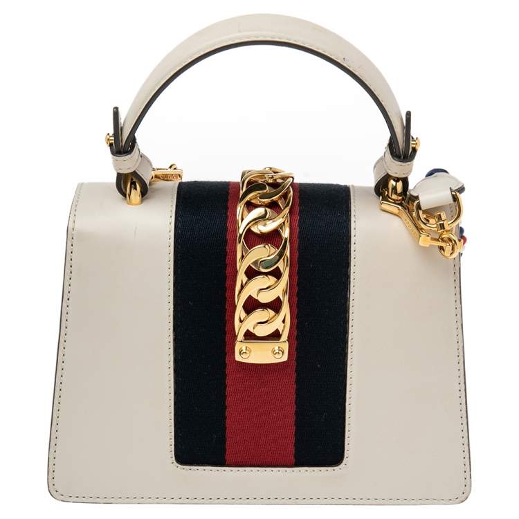 Pre Owned Gucci Off-White Leather Mini Web Sylvie Top Handle Bag