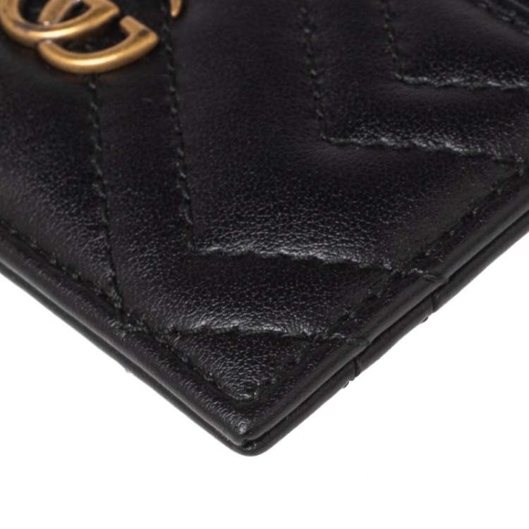 Pre Owned Gucci Black Matelassé Leather GG Marmont Card Holder