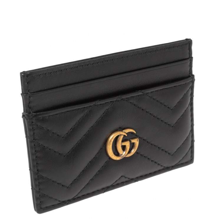 Pre Owned Gucci Black Matelassé Leather GG Marmont Card Holder