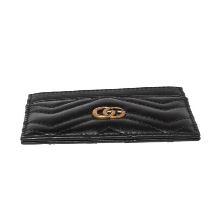 Pre Owned Gucci Black Matelassé Leather GG Marmont Card Holder