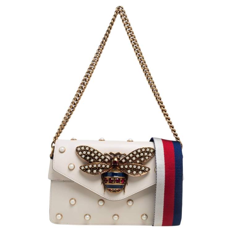 Gucci Off White Leather Broadway Pearly Bee Shoulder Bag