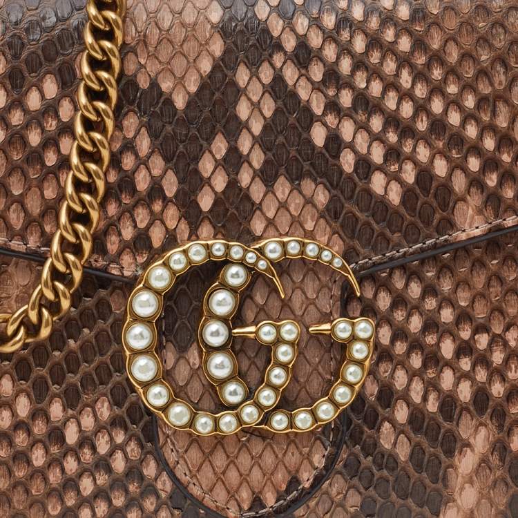 Pre Owned Gucci Beige Python Leather GG Marmont Wallet On Chain