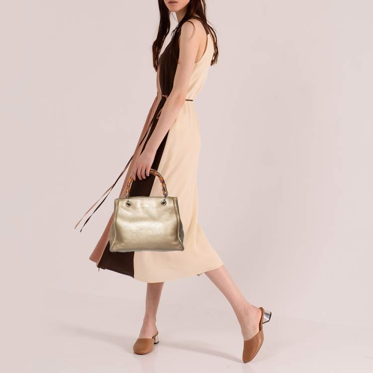 Pre Owned Gucci Metallic Gold Leather Bamboo Top Handle Shopper Tote