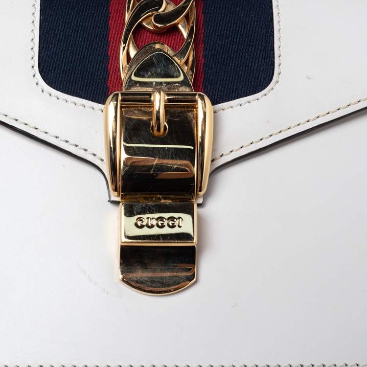 Pre Owned Gucci Off White Leather Mini Web Chain Sylvie Top Handle Bag
