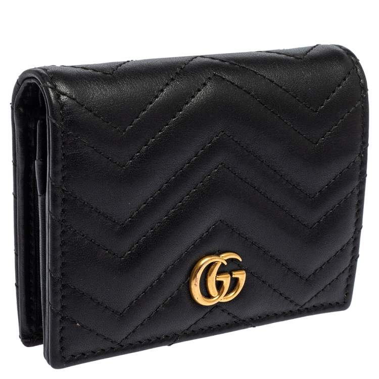 Pre Owned Gucci Black Matelassé Leather GG Marmont Card Case