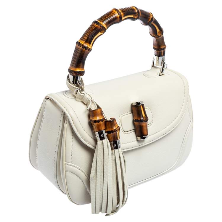 مملوكة مسبقًا Gucci White Leather Medium Tassel New Bamboo Top Handle Bag