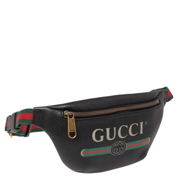 Pre Owned Gucci Black Pebbled Leather Small Logo Web Belt Bag