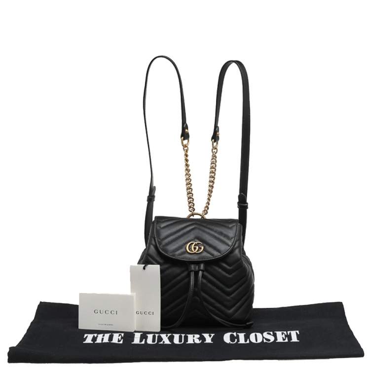 Pre Owned Gucci Black Matelassé Leather GG Marmont Backpack