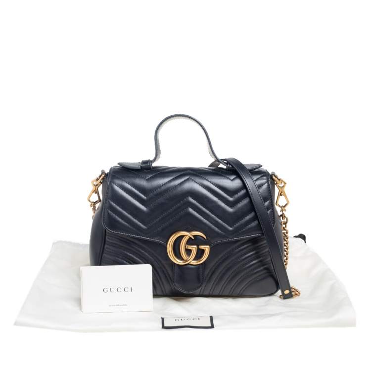 Pre Owned Gucci Black Matelassé Leather GG Marmont Small Top Handle Bag