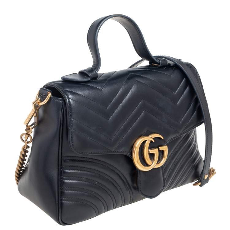 Pre Owned Gucci Black Matelassé Leather GG Marmont Small Top Handle Bag