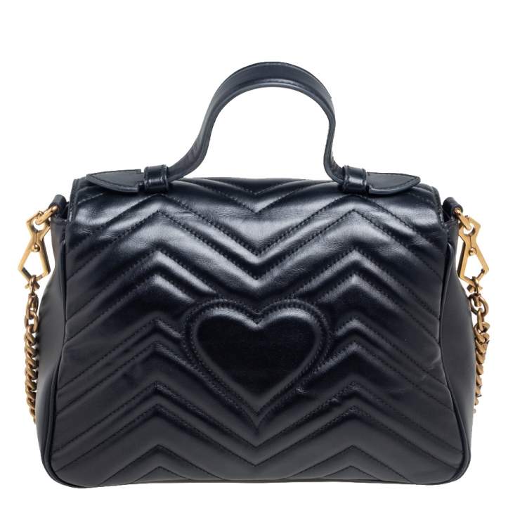 Pre Owned Gucci Black Matelassé Leather GG Marmont Small Top Handle Bag