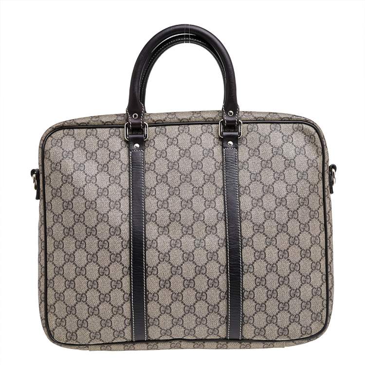 Pre Owned Gucci Beige-Ebony GG Supreme Coated Canvas And Leather Briefcase