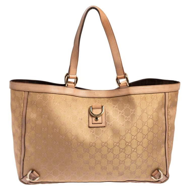 GUCCI Beige GG Monogram outlets Metallic Gold Leather Large Abbey D-Ring Tote